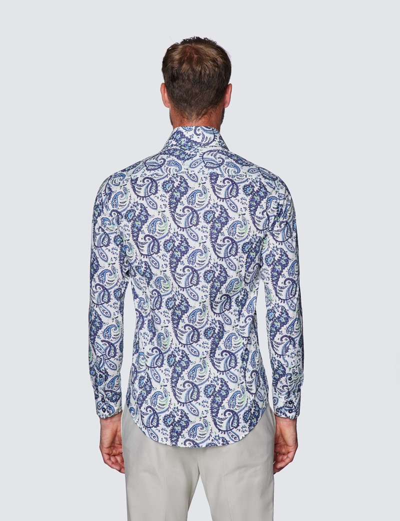Men’s Curtis Cream & Blue Paisley Print Slim Fit Shirt - Low Collar