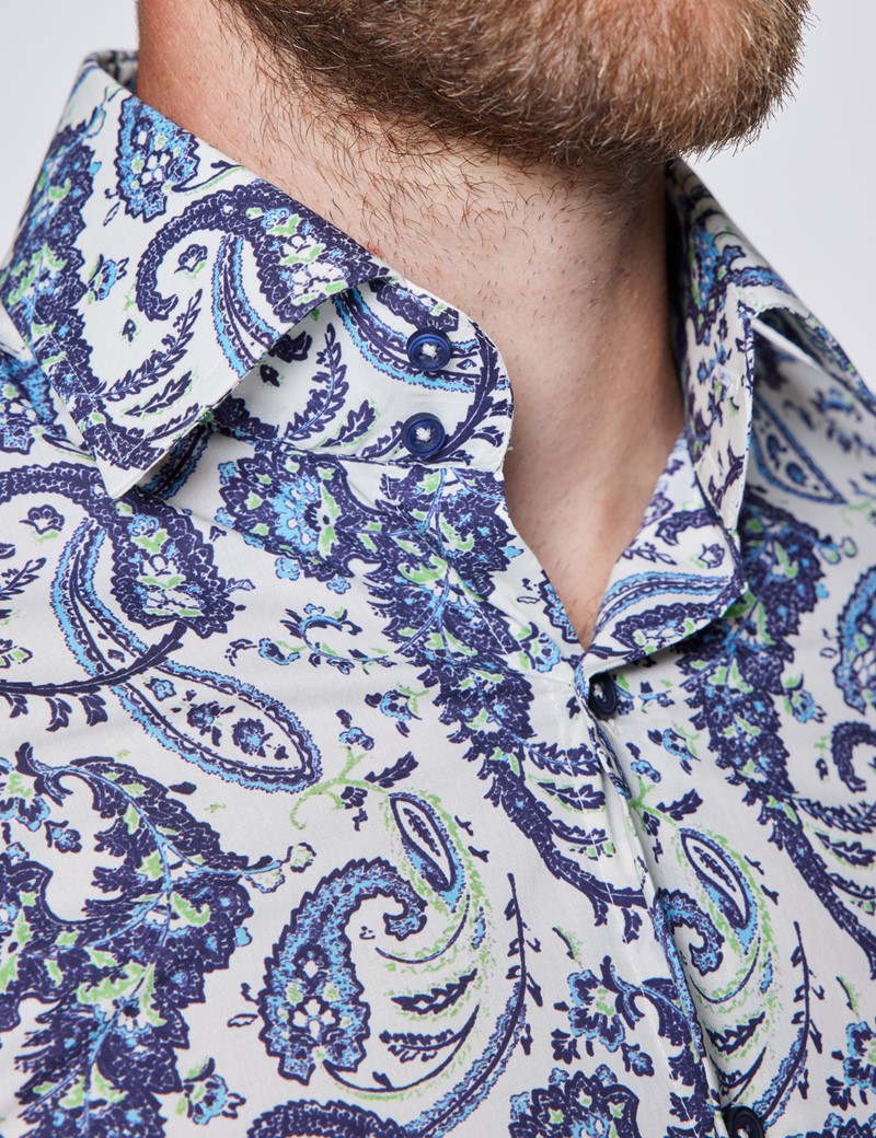 Men’s Curtis Cream & Blue Paisley Print Slim Fit Shirt - Low Collar