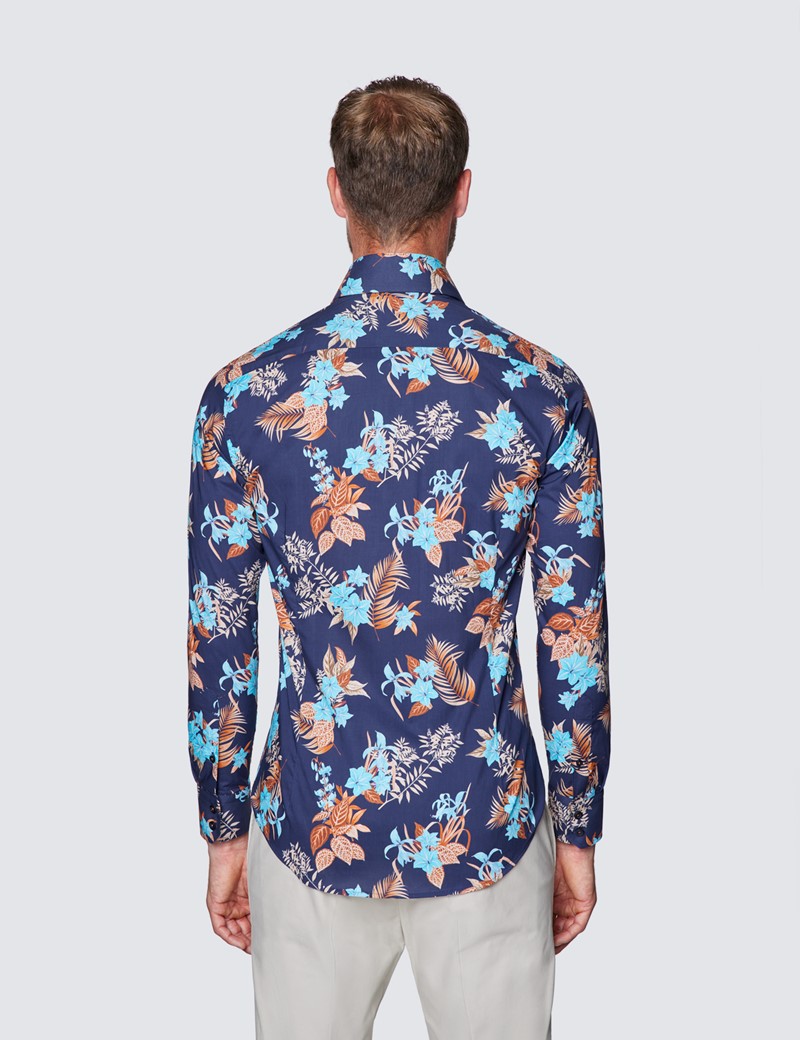 Men’s Curtis Navy & Brown Wild Forest Print Slim Fit Shirt - Low Collar