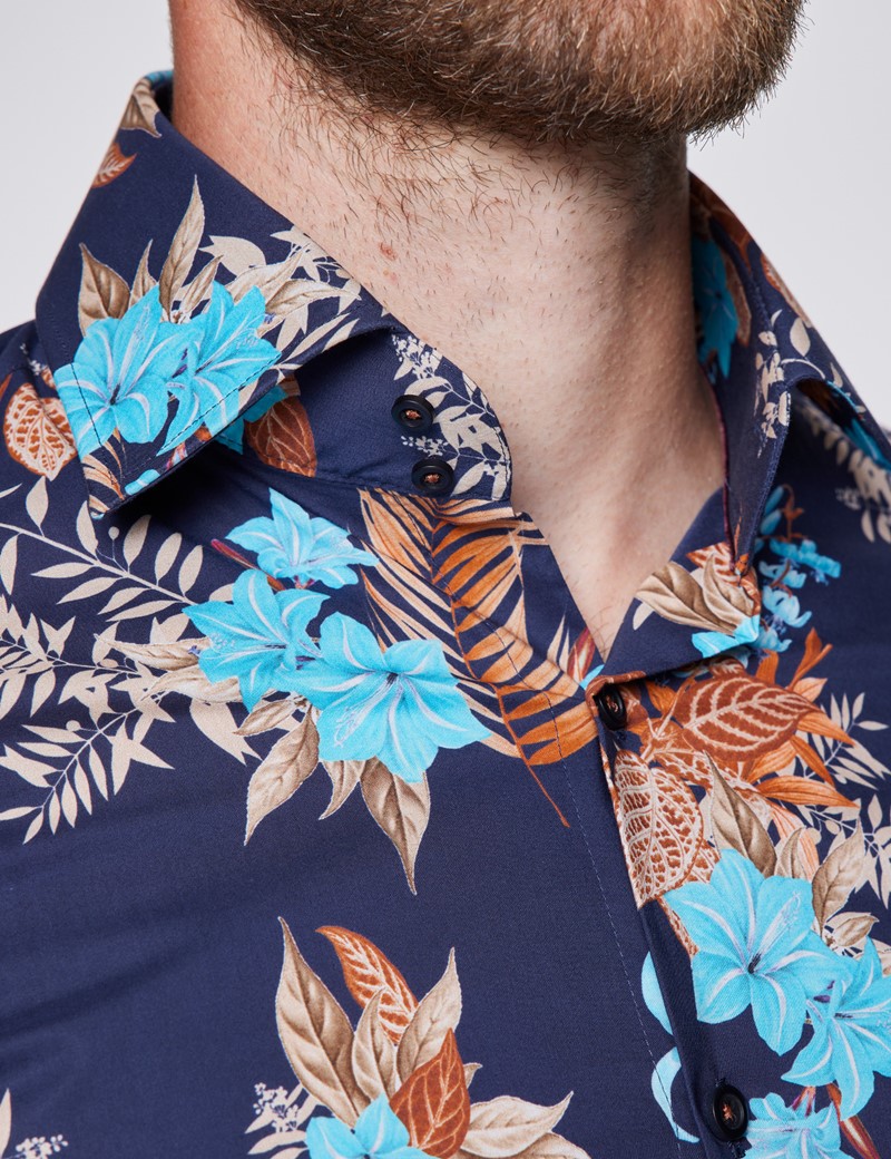 Men’s Curtis Navy & Brown Wild Forest Print Slim Fit Shirt - Low Collar