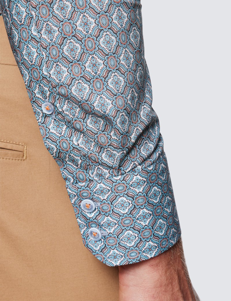Men's Curtis Blue & Orange Geometric Print Shirt - Low Collar