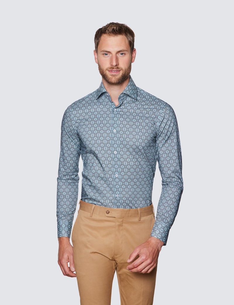 Men's Curtis Blue & Orange Geometric Print Shirt - Low Collar