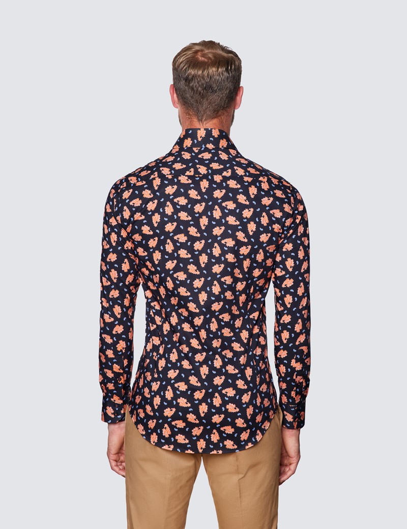 Men's Curtis Navy & Orange Paisley Print Shirt - Low Collar