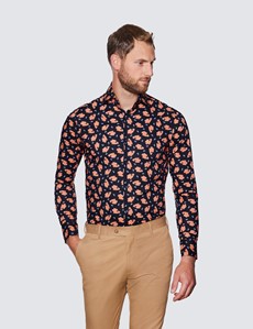 Men's Curtis Navy & Orange Paisley Print Shirt - Low Collar