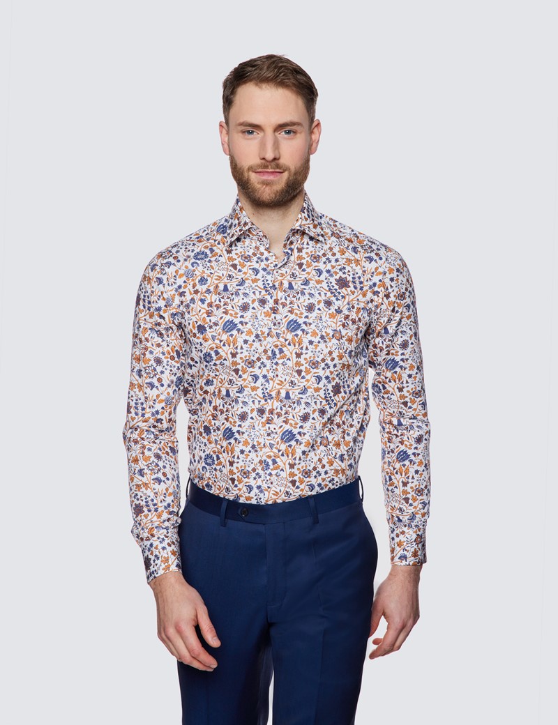 Men's Curtis White & Navy Paisley Relaxed Slim Fit Shirt - Low Collar