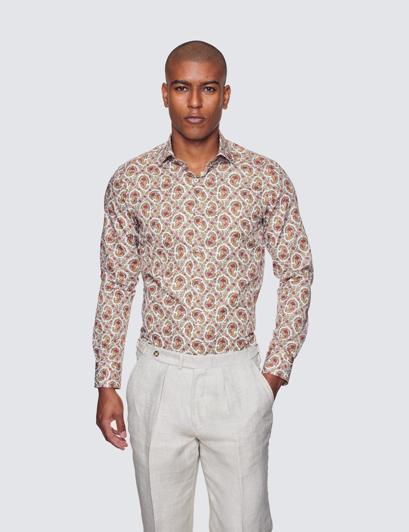 Curtis White & Green Floral Relaxed Slim Fit Shirt - Low Collar