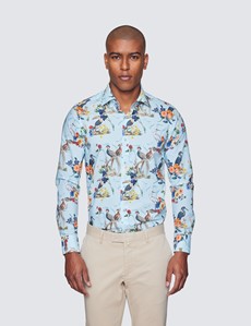 Curtis Blue & Yellow Heron Print Relaxed Slim Fit Shirt - Low Collar