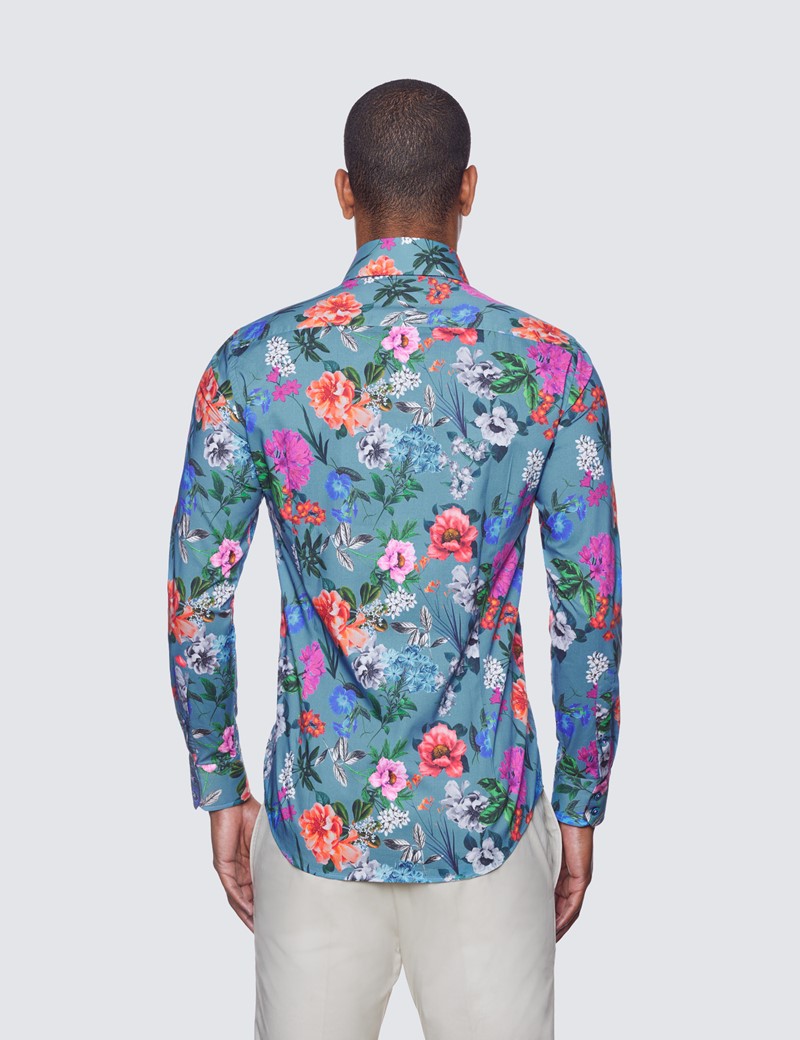 Curtis Turquoise & Green Botanical Print Relaxed Slim Fit Shirt - Low Collar