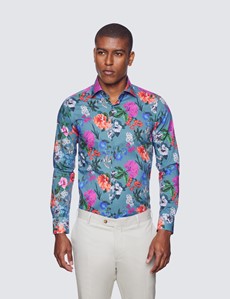 Curtis Turquoise & Green Botanical Print Relaxed Slim Fit Shirt - Low Collar