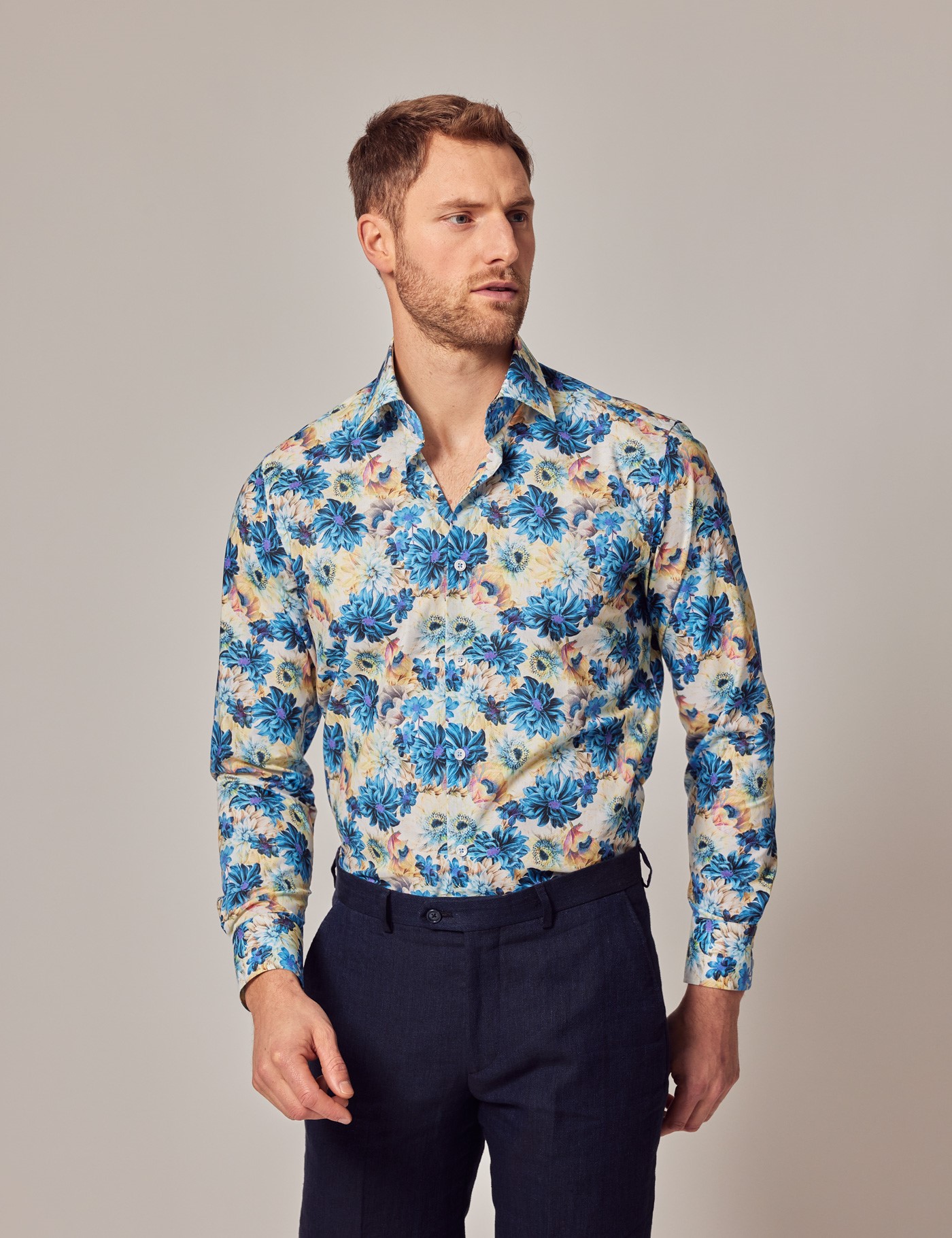 Men's White & Blue Floral Slim Shirt