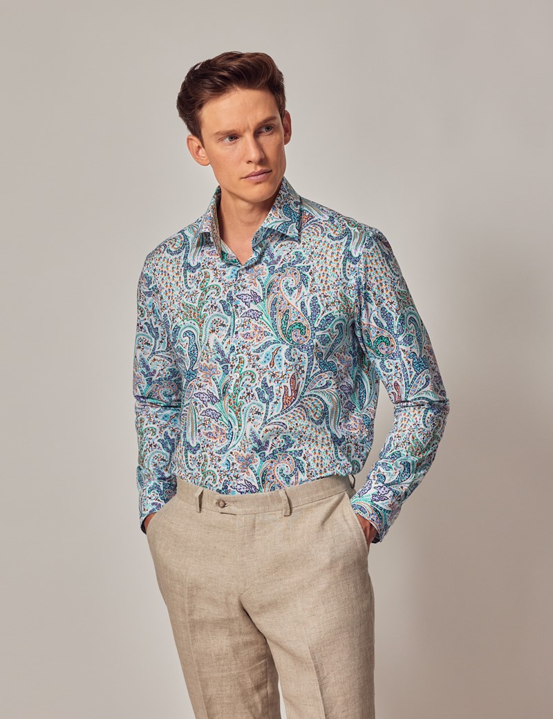 Men's White & Blue Paisley Slim Shirt - Mid-Collar | Hawes & Curtis