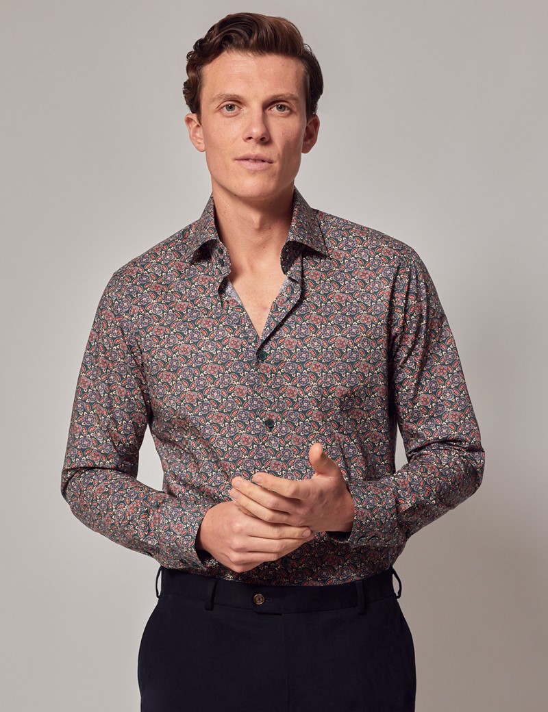Men's Green & Red Paisley Slim Shirt - Mid-Collar | Hawes & Curtis