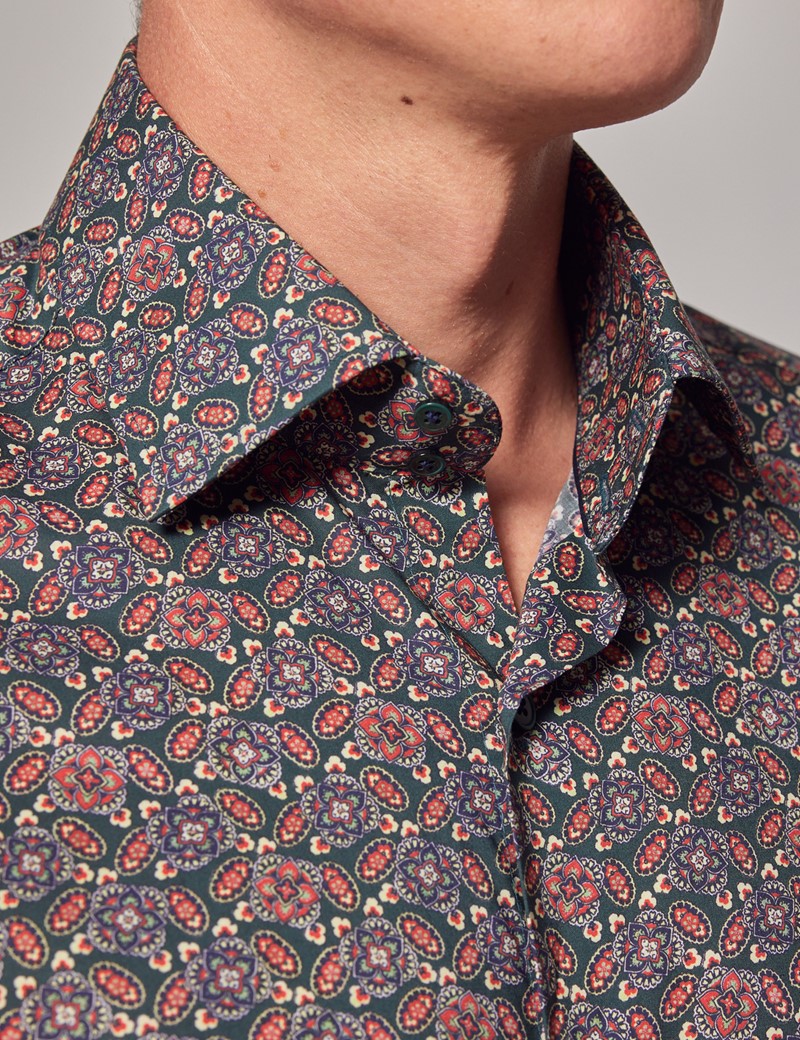 Men's Green & Red Paisley Slim Shirt - Mid-Collar | Hawes & Curtis