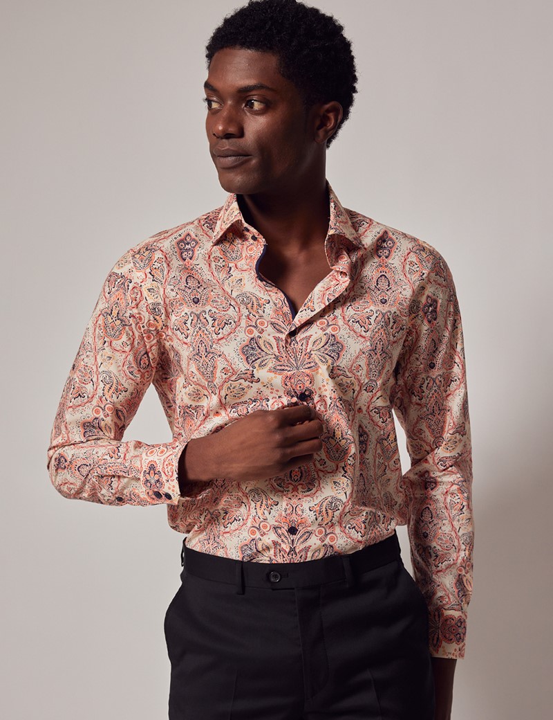 Men's Cream & Orange Paisley Slim Shirt - Mid-Collar | Hawes & Curtis