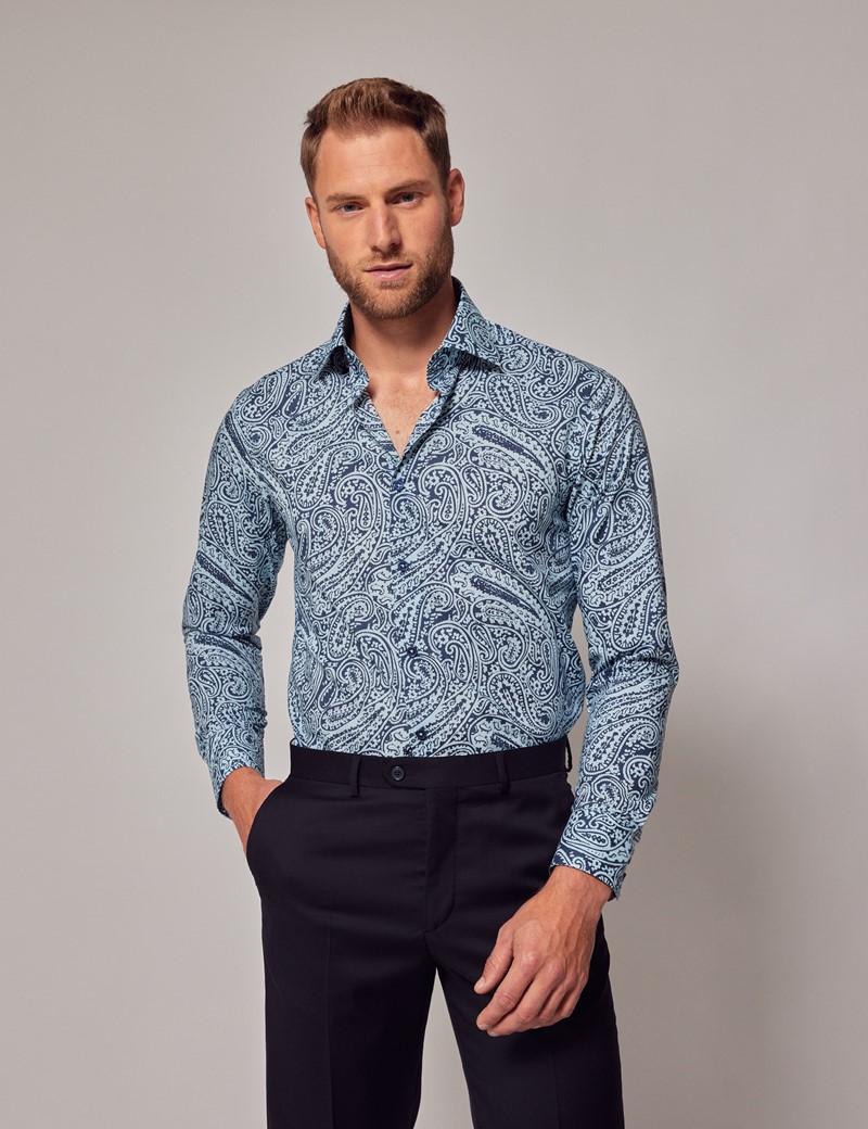 Men's Blue & Navy Paisley Slim Shirt - Mid-Collar | Hawes & Curtis