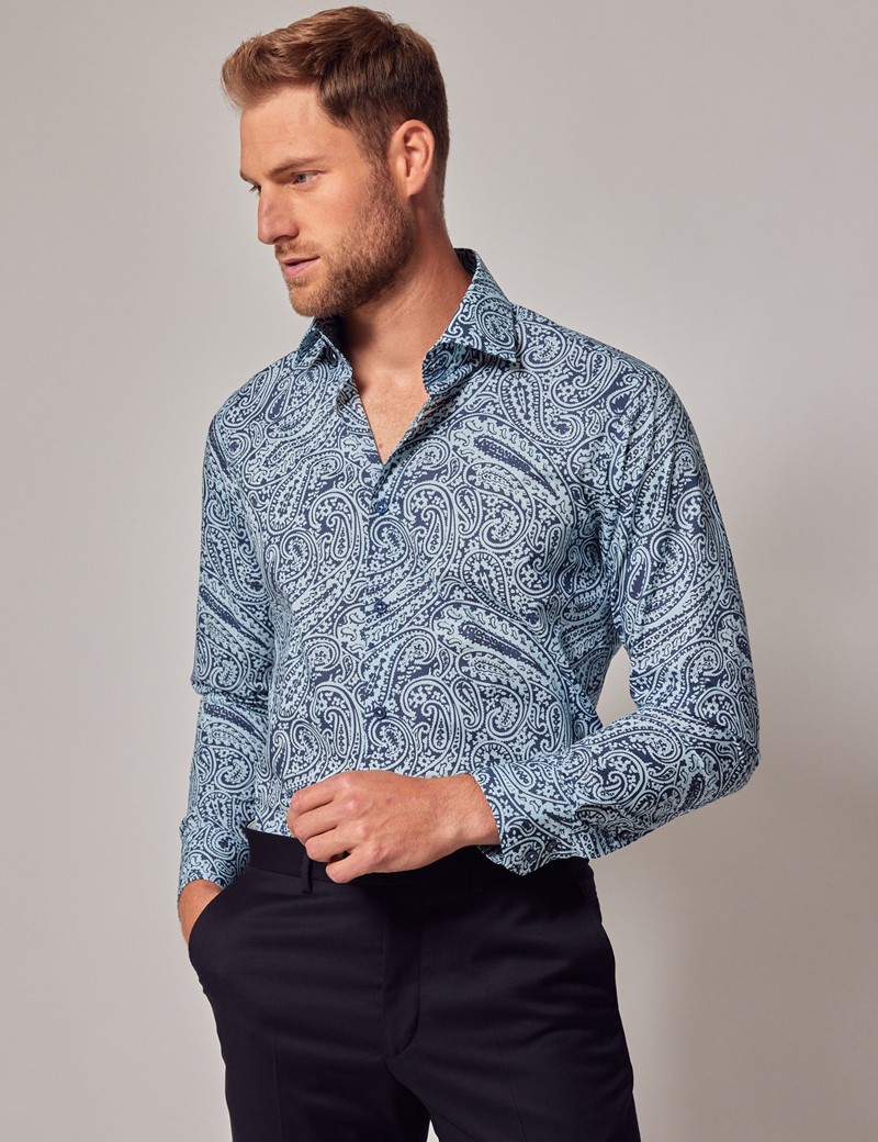 Men's Blue & Navy Paisley Slim Shirt - Mid-Collar | Hawes & Curtis