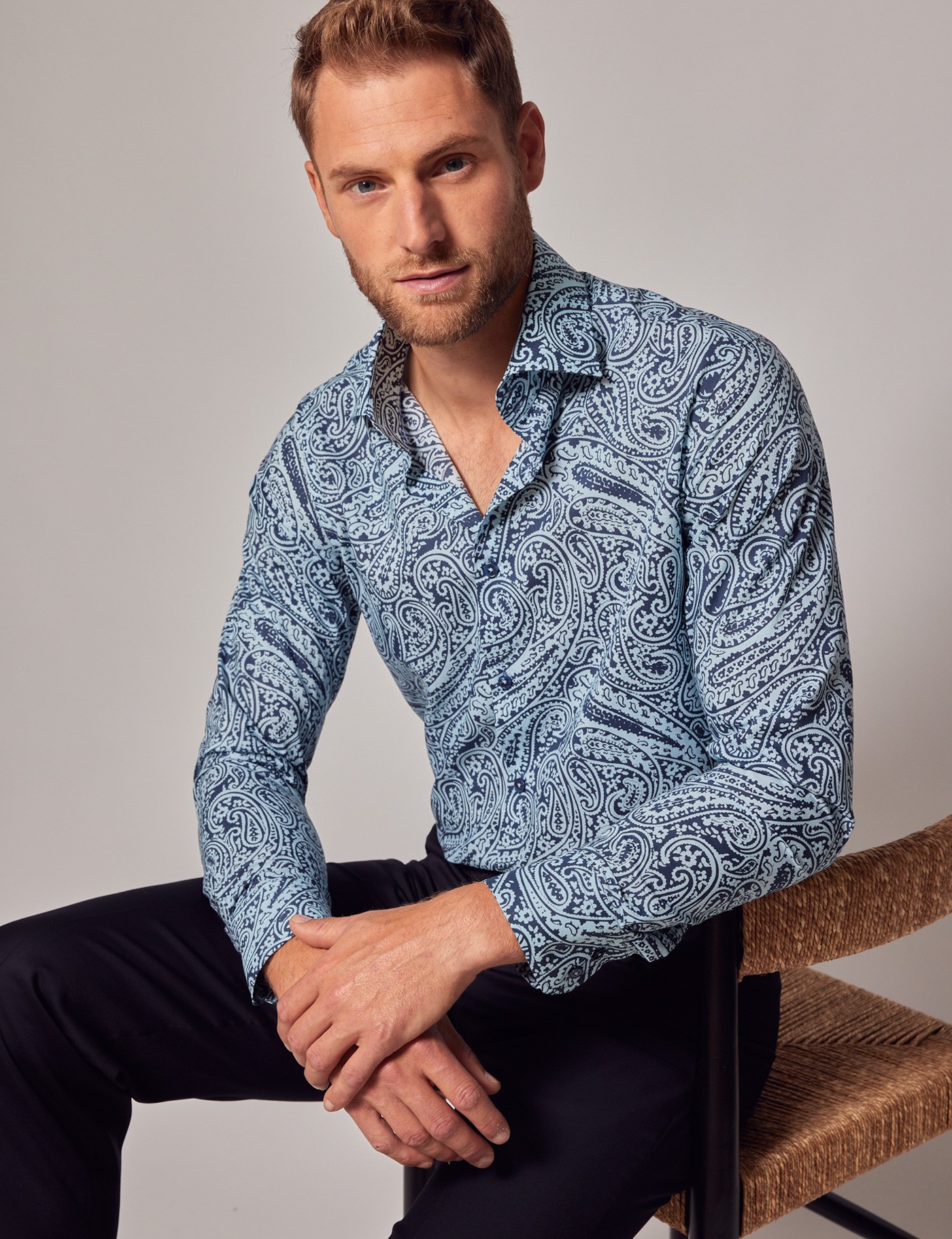 Men's Blue & Navy Paisley Slim Shirt - Mid-Collar | Hawes & Curtis