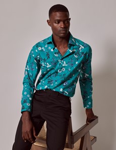 Men's Green & White Botanical Slim Shirt - Mid-Collar | Hawes & Curtis