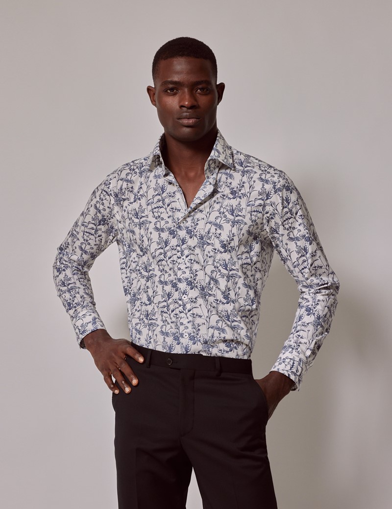 Men's White & Blue Foliage Leaves Slim Shirt - Mid-Collar | Hawes & Curtis