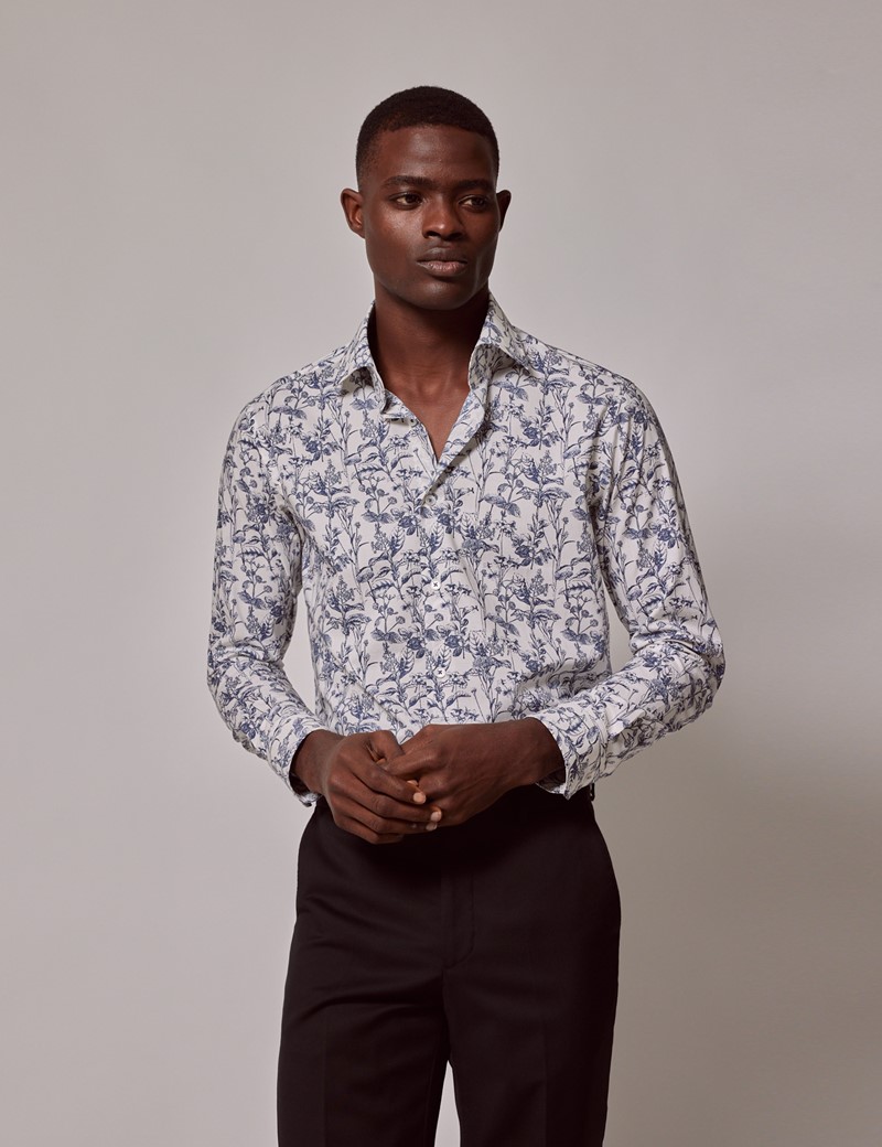 Men's White & Blue Foliage Leaves Slim Shirt - Mid-Collar | Hawes & Curtis
