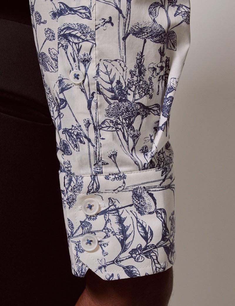 Men's White & Blue Foliage Leaves Slim Shirt - Mid-Collar | Hawes & Curtis