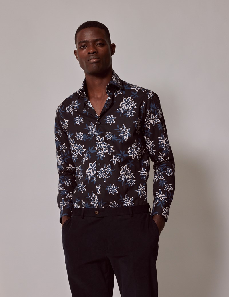Men's Black & Cream Floral Slim Shirt - Mid-Collar | Hawes & Curtis
