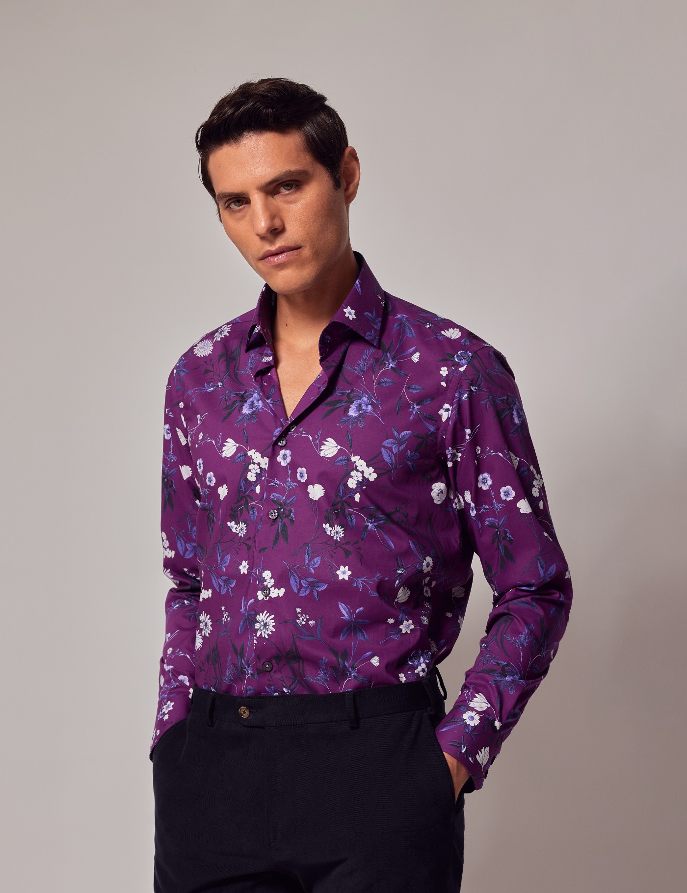 Men's Purple & White Betsy Floral Slim Shirt - Mid-Collar | Hawes & Curtis