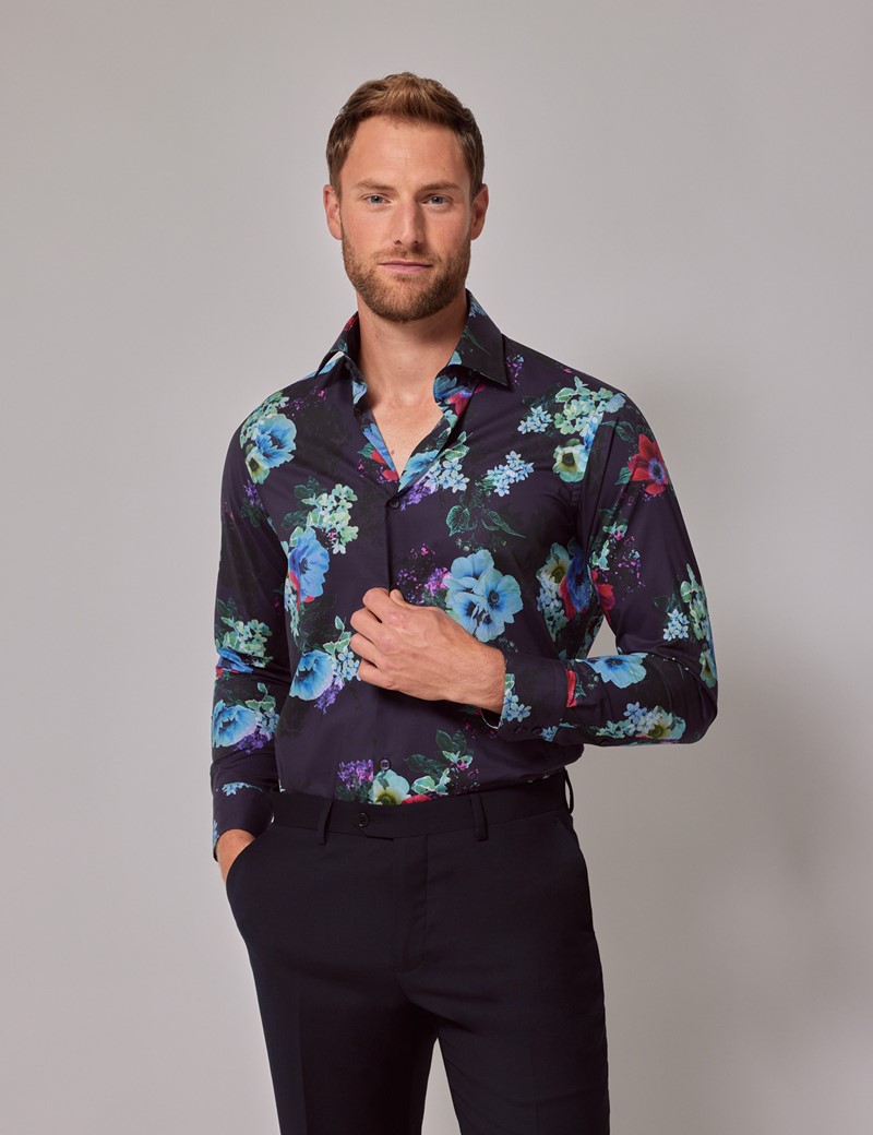 Men's Purple & Green Floral Slim Shirt - Mid-Collar | Hawes & Curtis