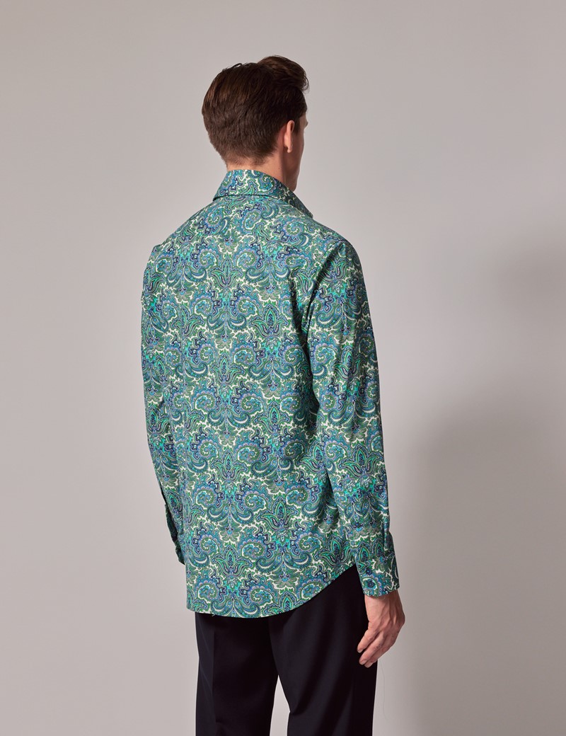 Men's Green & Blue Royal Paisley Slim Shirt - Mid-Collar | Hawes & Curtis