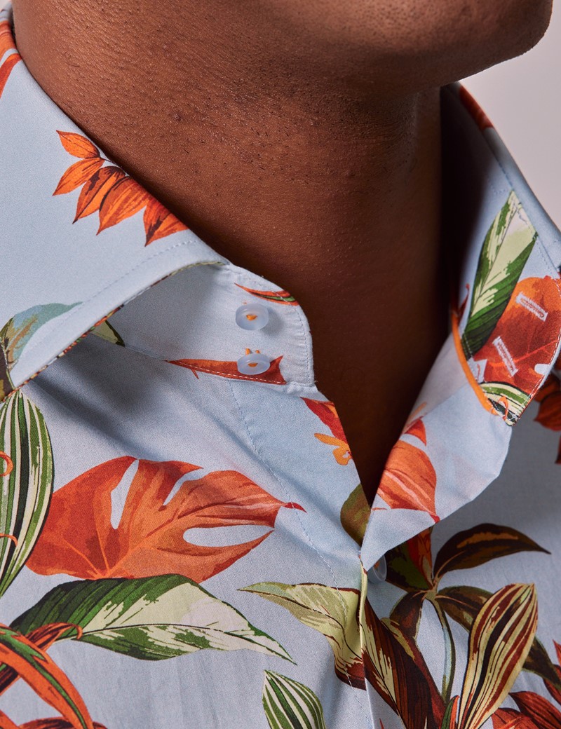 Blue & Orange Botanical Floral Slim Shirt - Mid-Collar