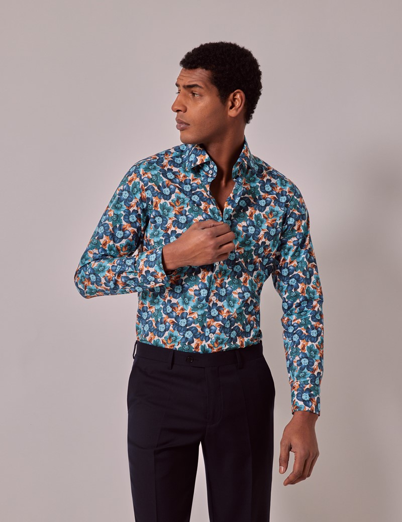 Men's Blue & Cream Foliage Floral Slim Shirt - Mid-Collar | Hawes & Curtis