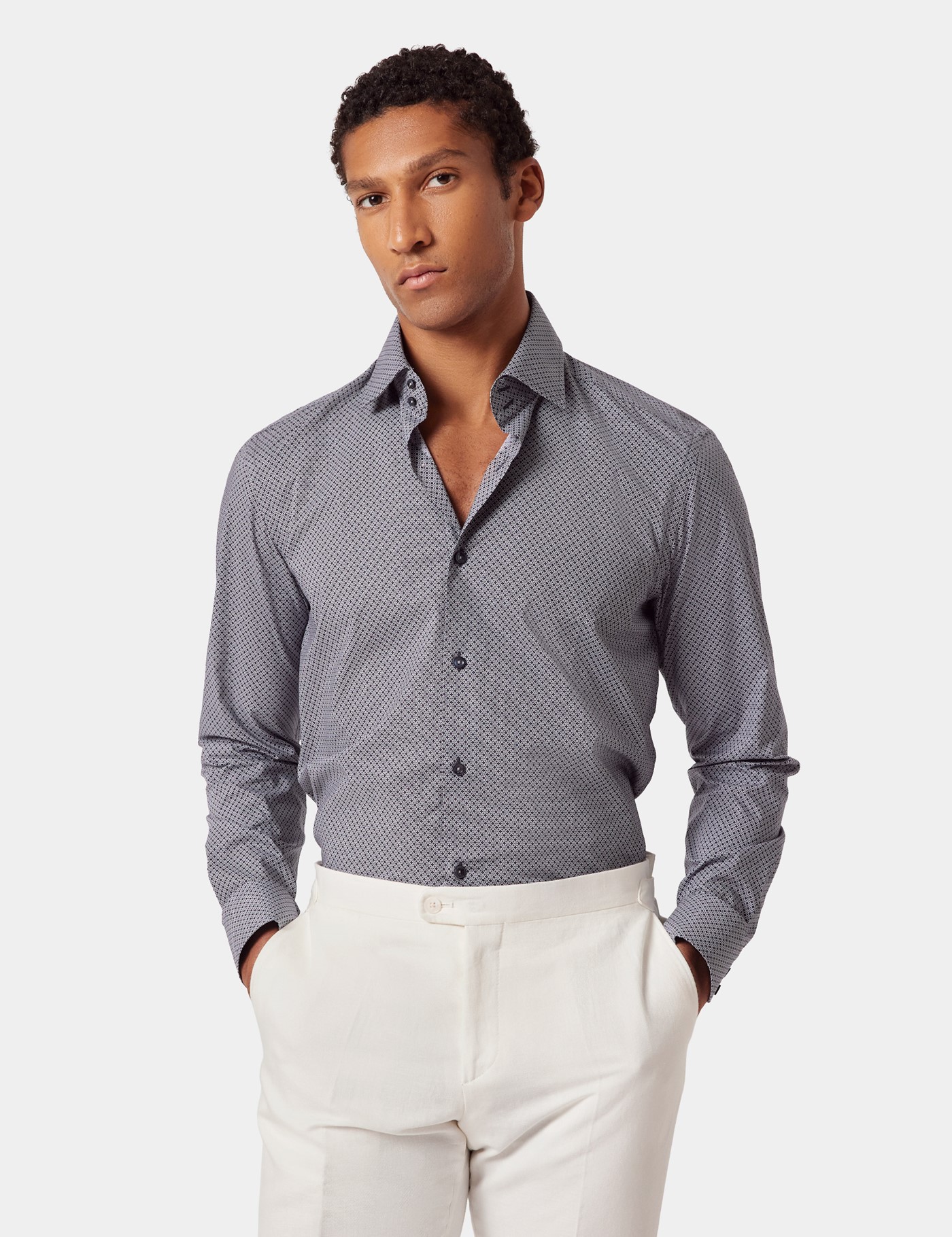 Hawes & Curtis Slim Fit Navy & White Geometric Curtis Shirt Size: XXXL