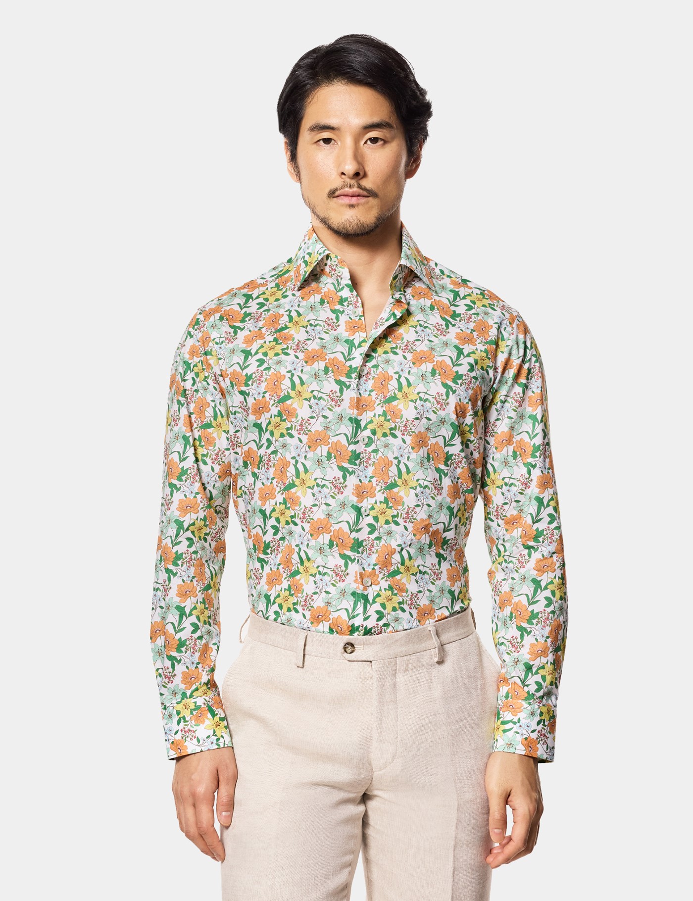Hawes & Curtis Slim Fit White & Green Floral Curtis Shirt Size: Medium | Long