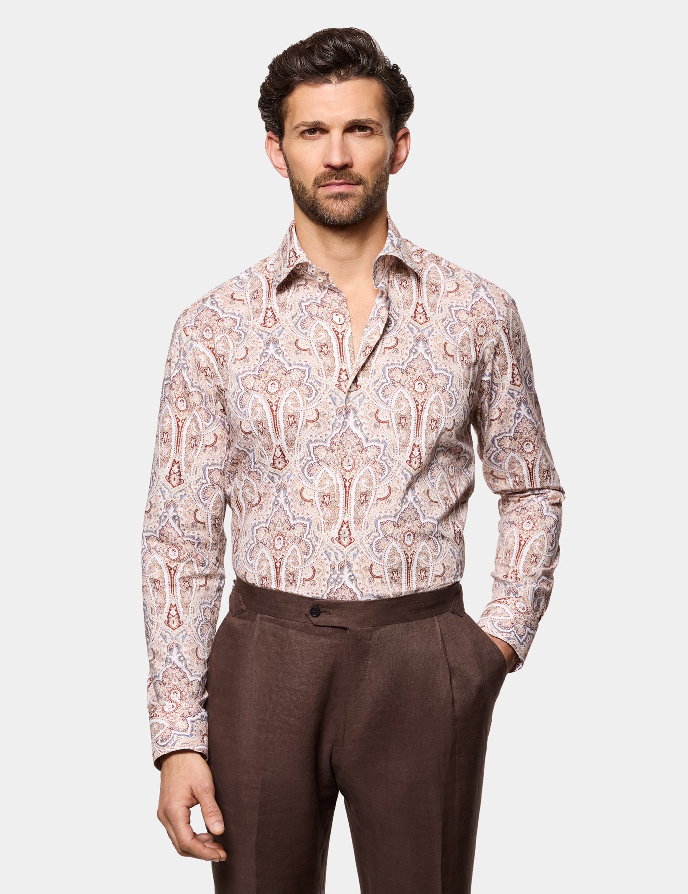 Hawes & Curtis Slim Fit White & Blue Paisley Curtis Shirt Size: XS