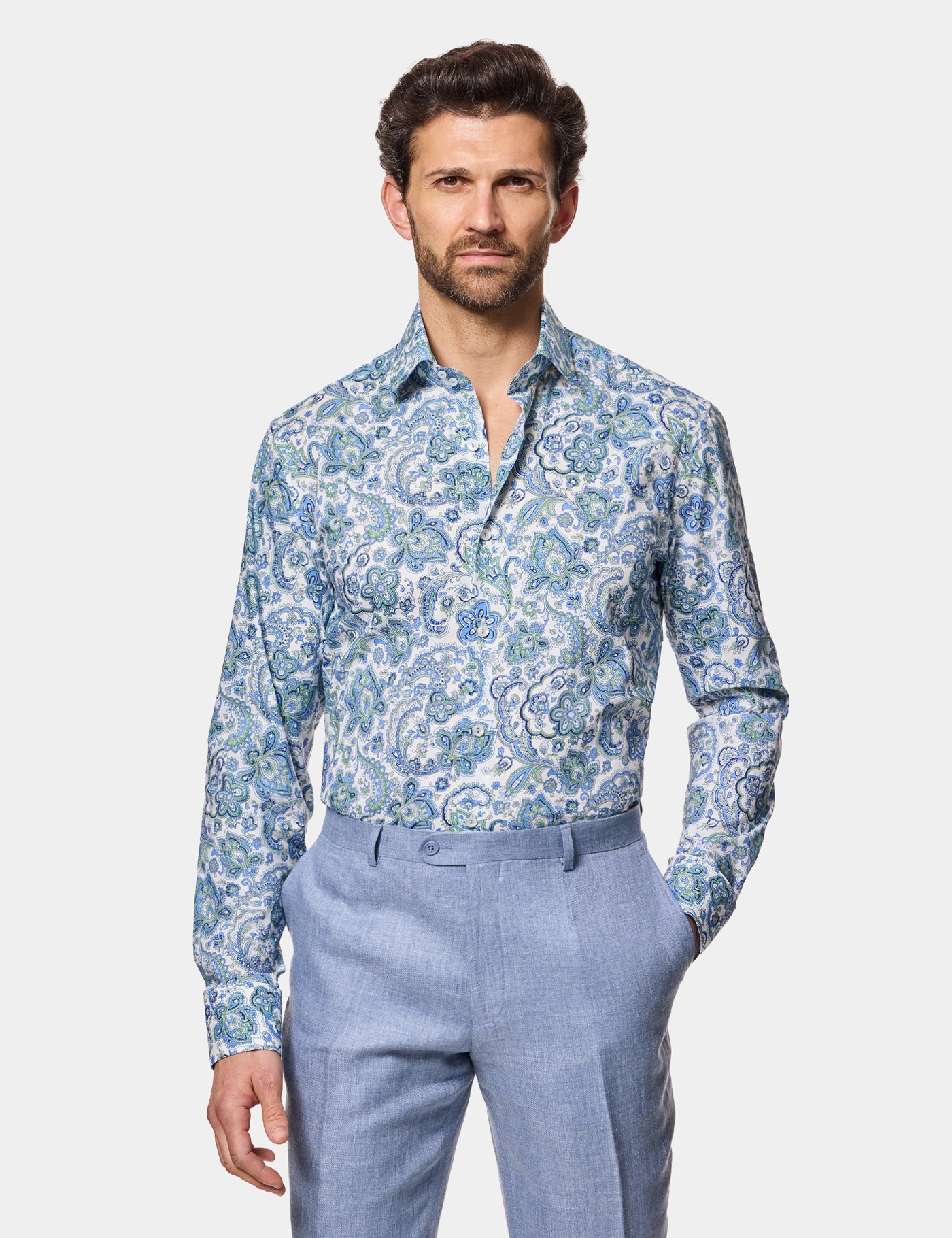 Hawes & Curtis Slim Fit White & Blue Paisley Curtis Shirt Size: XS