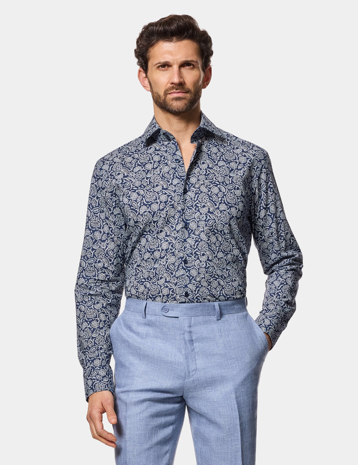 Hawes & Curtis Slim Fit Navy & White Paisley Cotton Poplin Curtis Shirt Size: XXXL
