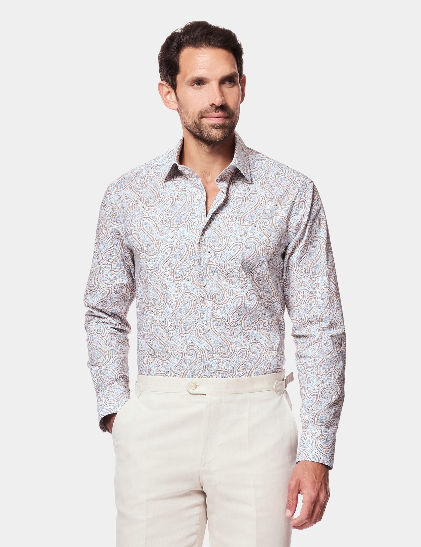 Hawes & Curtis Slim Fit White & Brown Paisley Curtis Shirt Size: XS