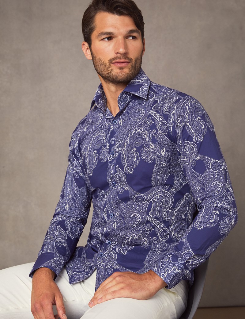 Men's Curtis Blue & White Paisley Print Slim Fit Shirt - Single Cuff ...