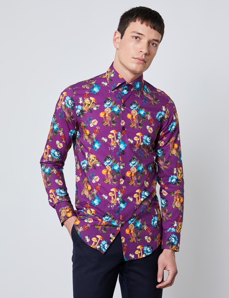 Men's Curtis Purple & Orange Floral Slim Fit Shirt - Single Cuff ...