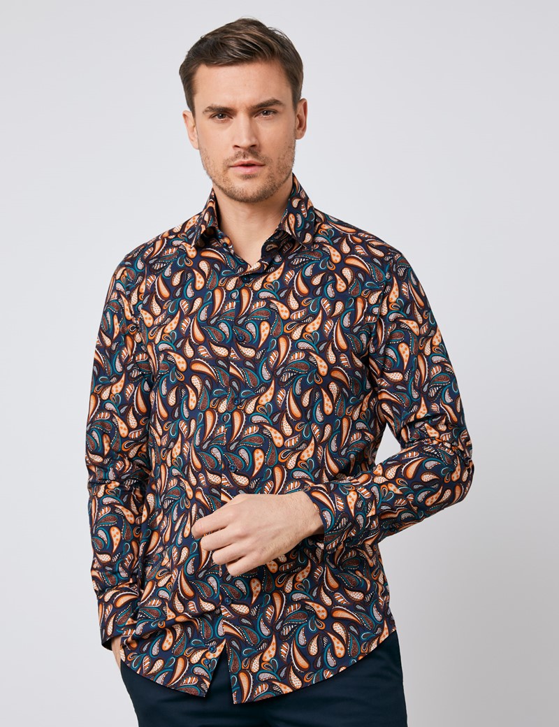 Men's Curtis Navy & Orange Paisley Slim Fit Shirt - Single Cuff | Hawes ...