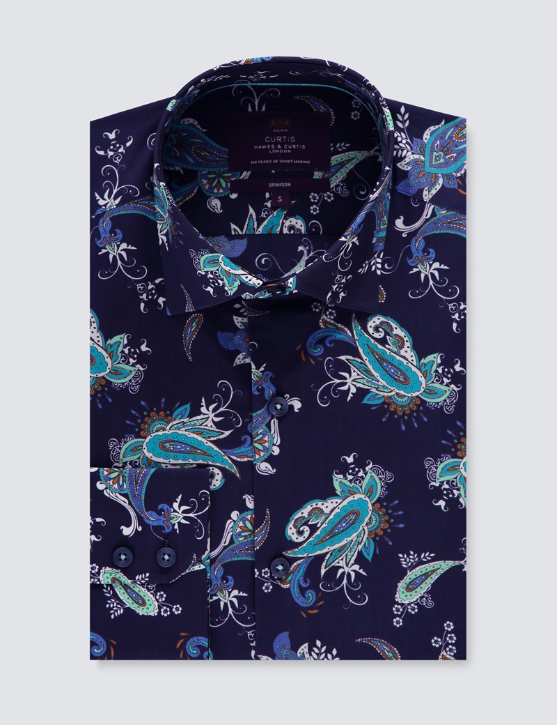 Cotton Men's Slim Fit Shirt with Paisley Print and Single Cuff in Navy ...