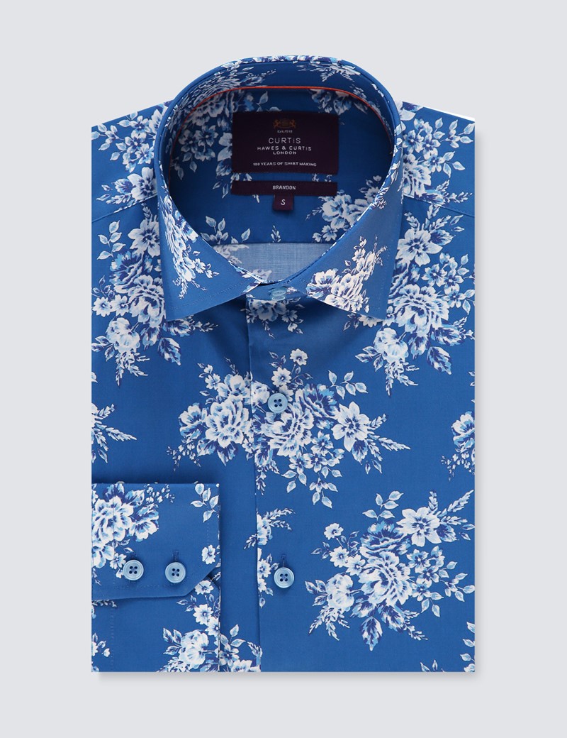 Men's Curtis Blue & White Mini Roses Relaxed Slim Fit Shirt - Single Cuff