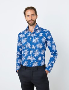 Men's Curtis Blue & White Mini Roses Relaxed Slim Fit Shirt - Single Cuff