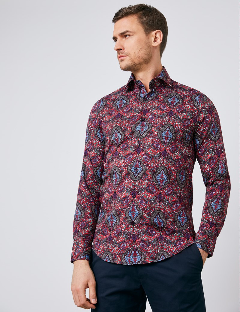 Men's Curtis Red & Blue Paisley Slim Fit Shirt - Single Cuff | Hawes ...