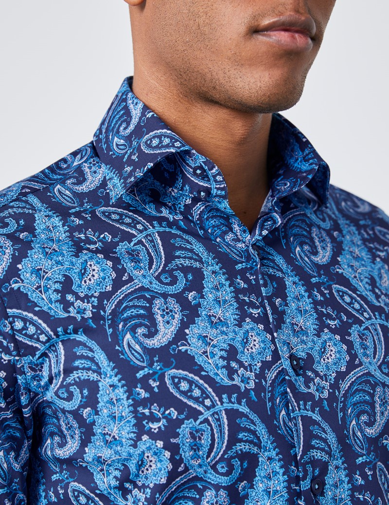 Men's Curtis Navy & Blue Paisley Slim Fit Shirt - Single Cuff | Hawes