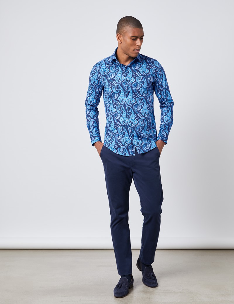 Men's Curtis Navy & Blue Paisley Slim Fit Shirt - Single Cuff | Hawes ...