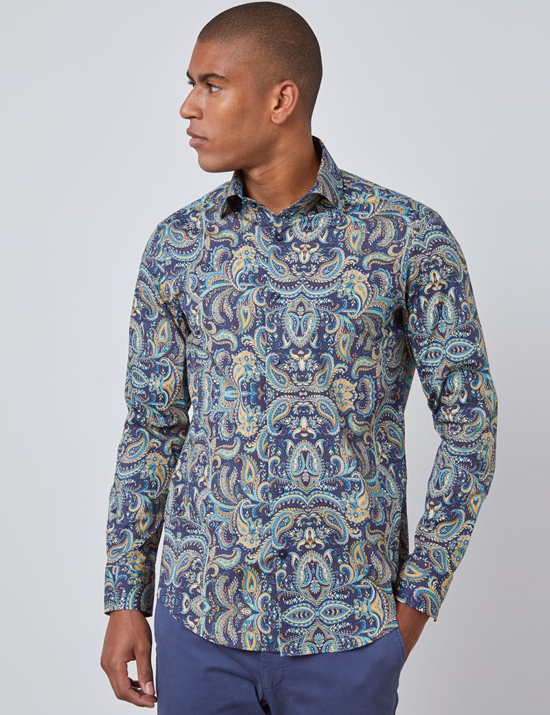 Men's Curtis Navy & Yellow Paisley Slim Fit Shirt - Single Cuff | Hawes ...