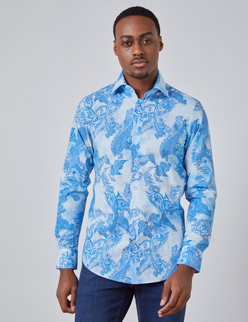 Paisley Slim Fit Shirt with Single Cuff in Blue | Hawes & Curtis | UK