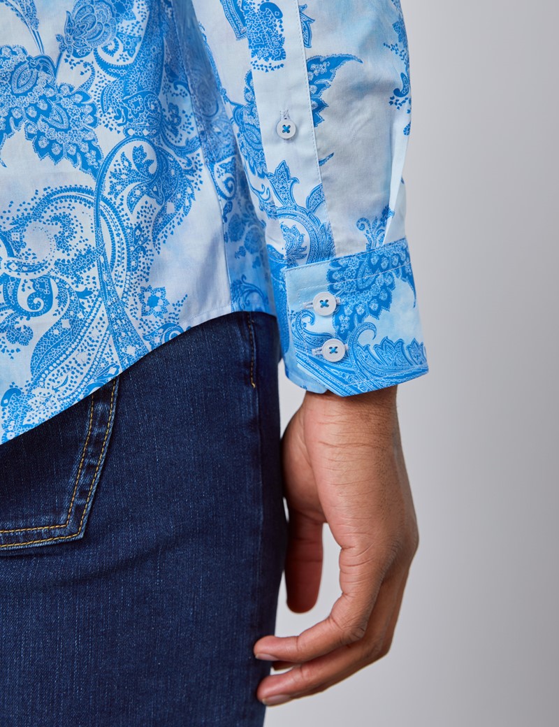 Paisley Slim Fit Shirt with Single Cuff in Blue | Hawes & Curtis | UK