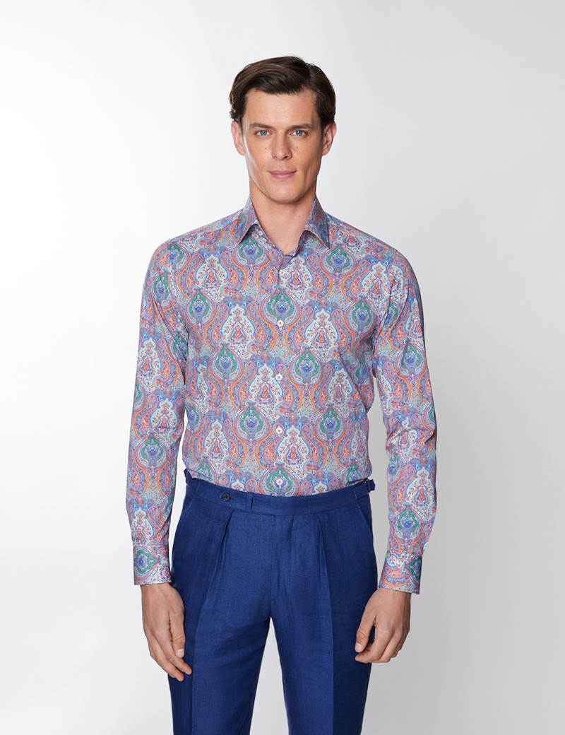 Men's Curtis Red & Orange Paisley Print Stretch Slim Fit Shirt - Medium Collar